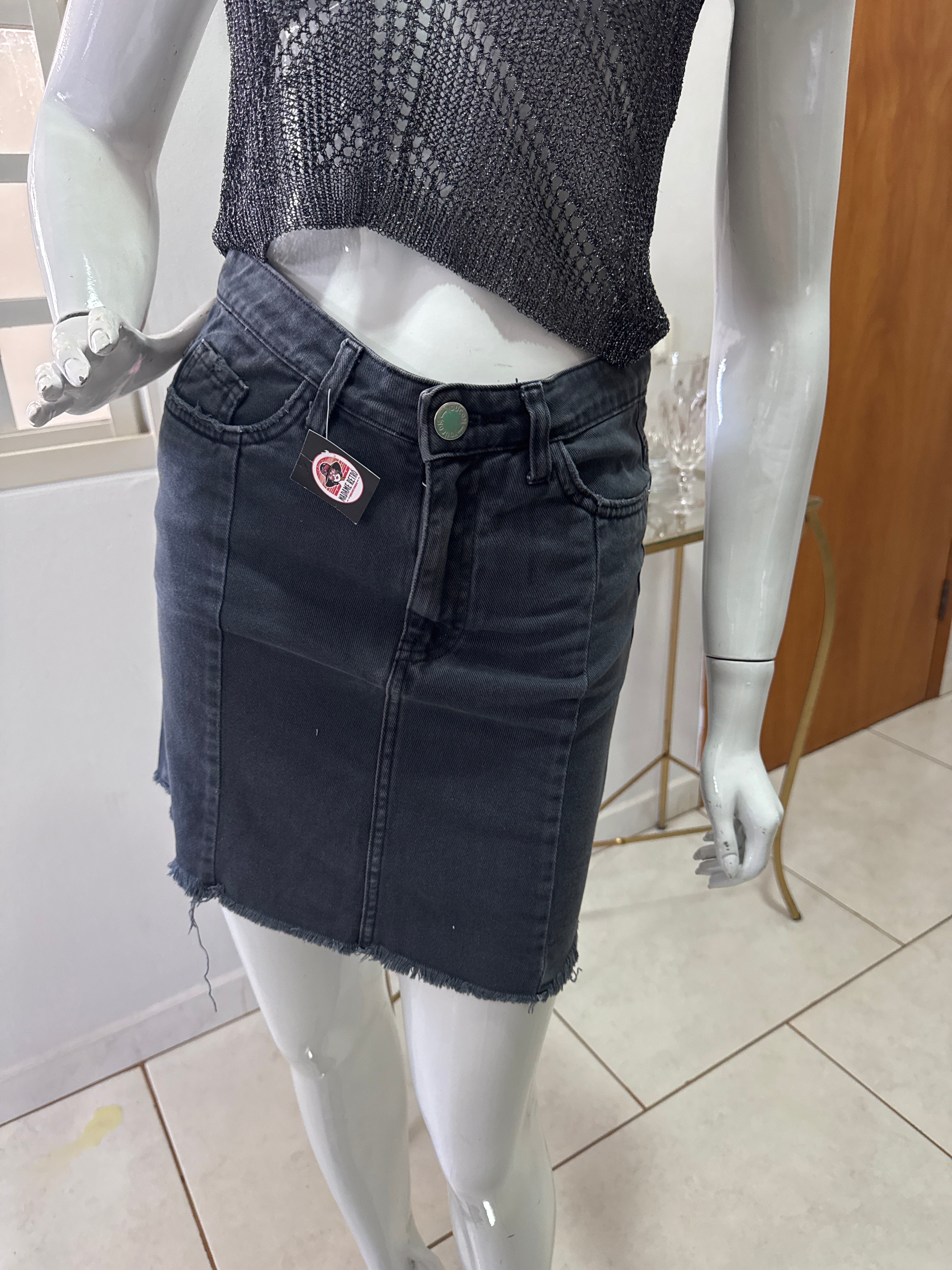 Saia Youcom Jeans Preta Barra Desfiada