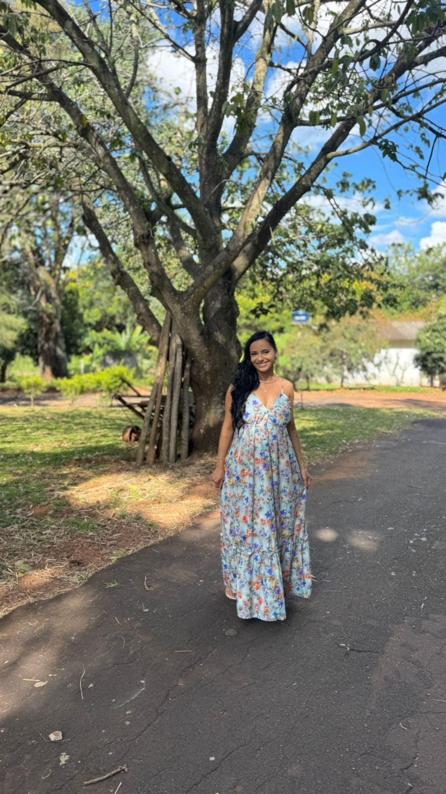 Vestido Longo Floral Azul Pastel