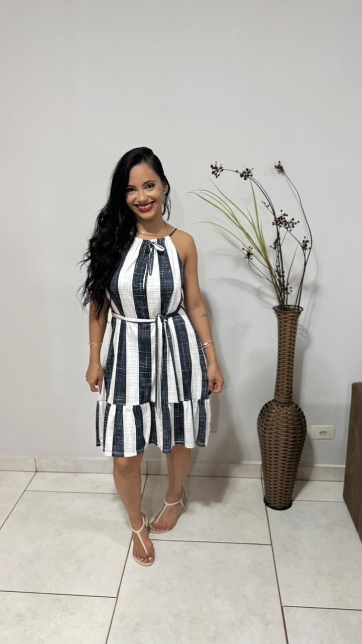 Vestido Listrado com Amarração - Tamanho Único