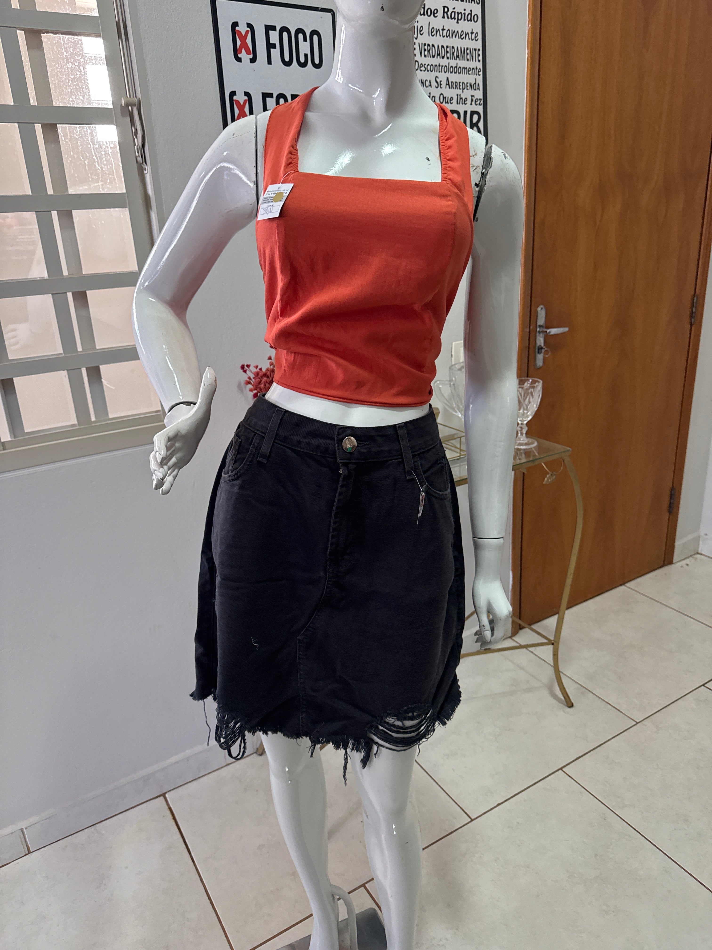 Saia Be Blubetty Jeans Preta Barra Desfiada 44