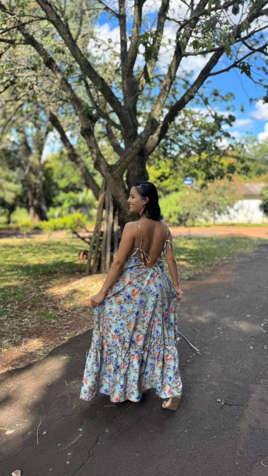 Vestido Longo Floral Azul Pastel