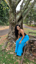 Calça Pantalona Azul Turquesa com Fitas Laterais - Doce de coco