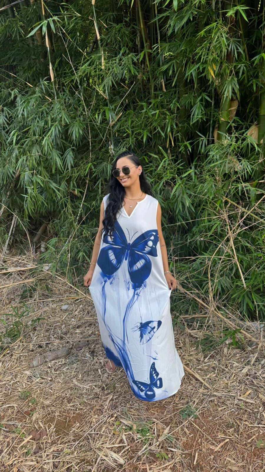 Vestido Branco Borboletas Azuis