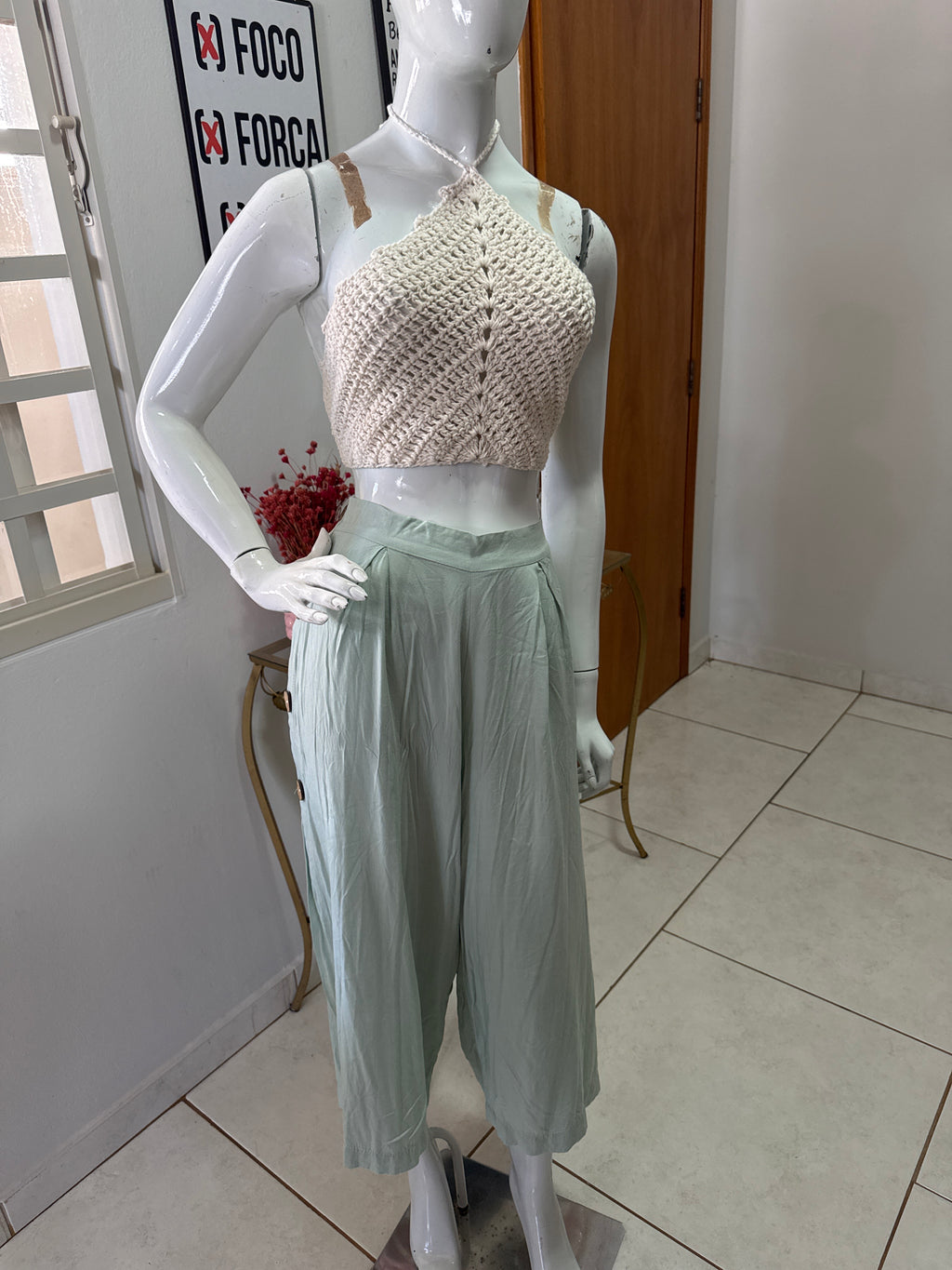 Top Crochê Halter Bege - Tamanho Único
