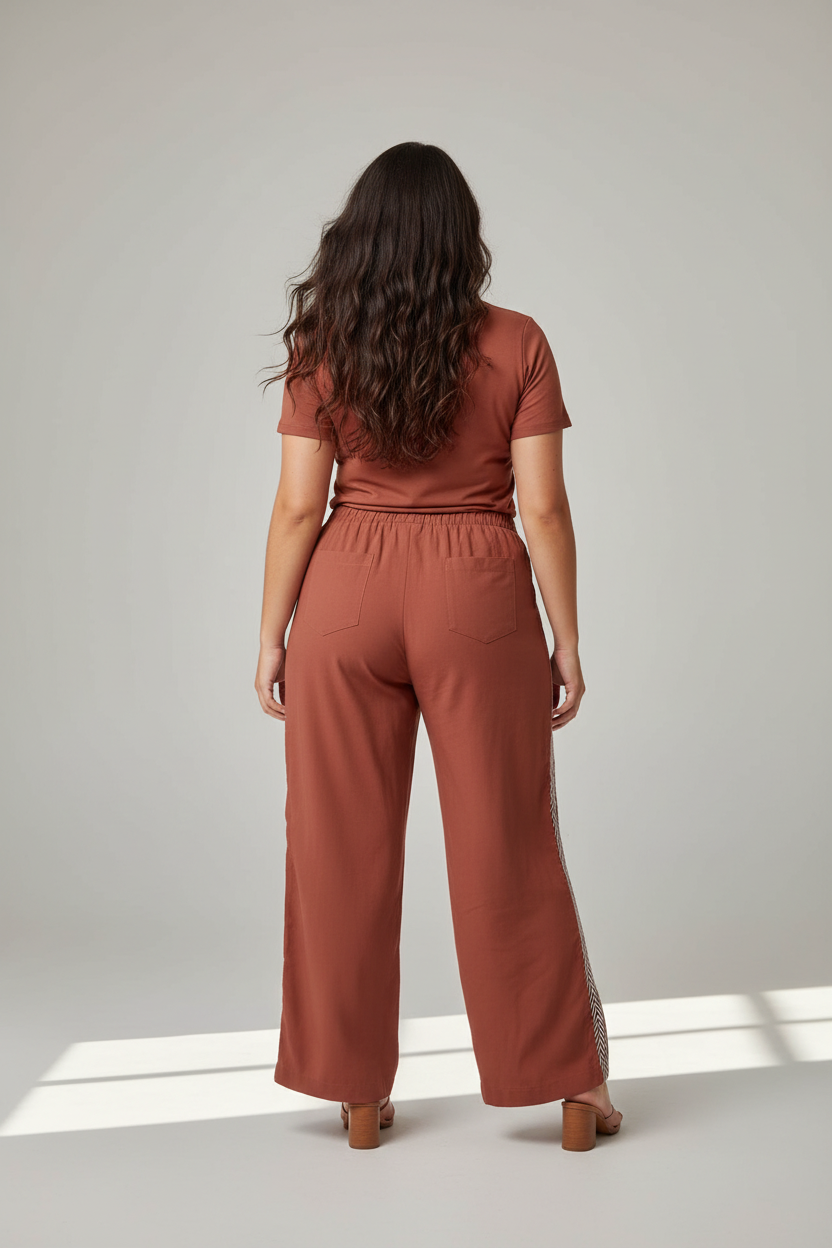 Calça terracota na modelo G - costas