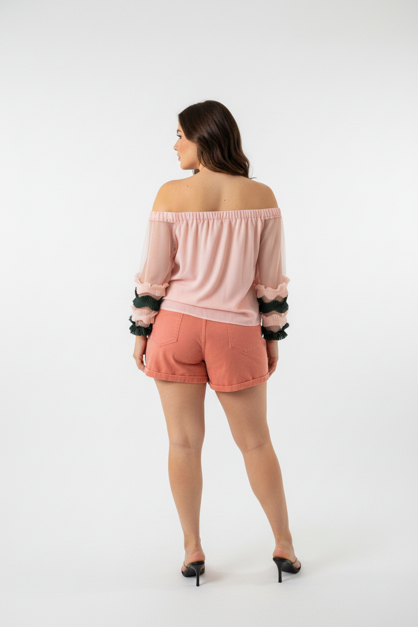Blusa Ciganinha Rosa com Tule e Babados Plus Size GG