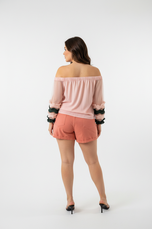 Blusa Ciganinha Rosa com Tule e Babados Plus Size GG