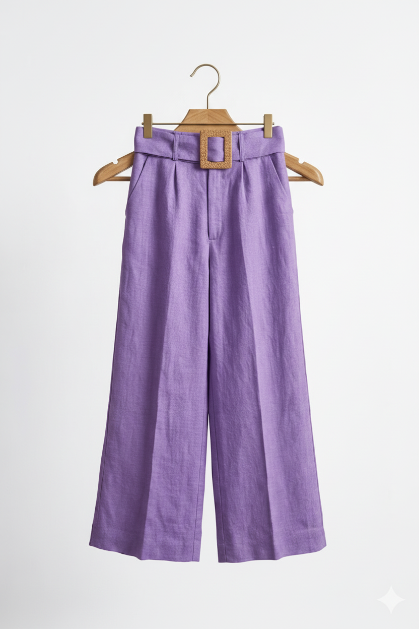 Calça Pantalona Lilás com Cinto e Fivela - Maria Flor