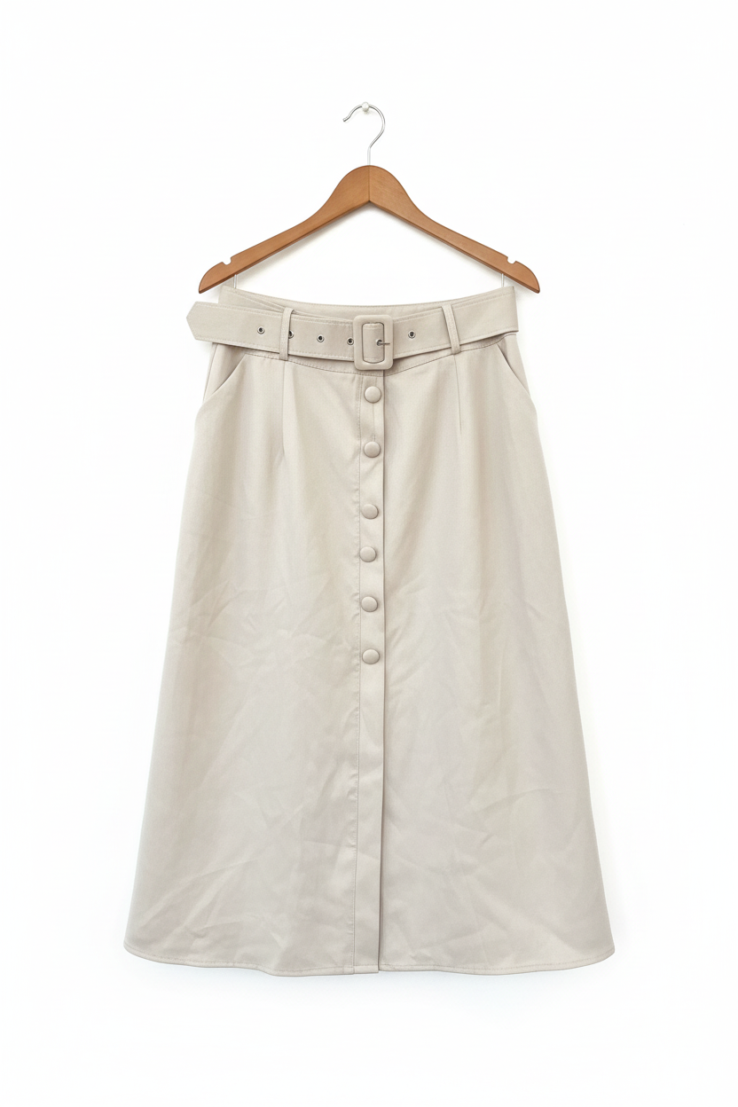Saia vintage off-white com cinto - frente no cabide