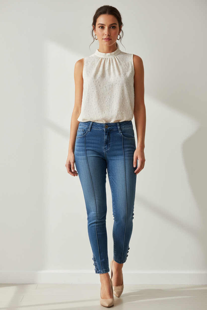 Calça Jeans Skinny Azul Escuro com Detalhe na Barra