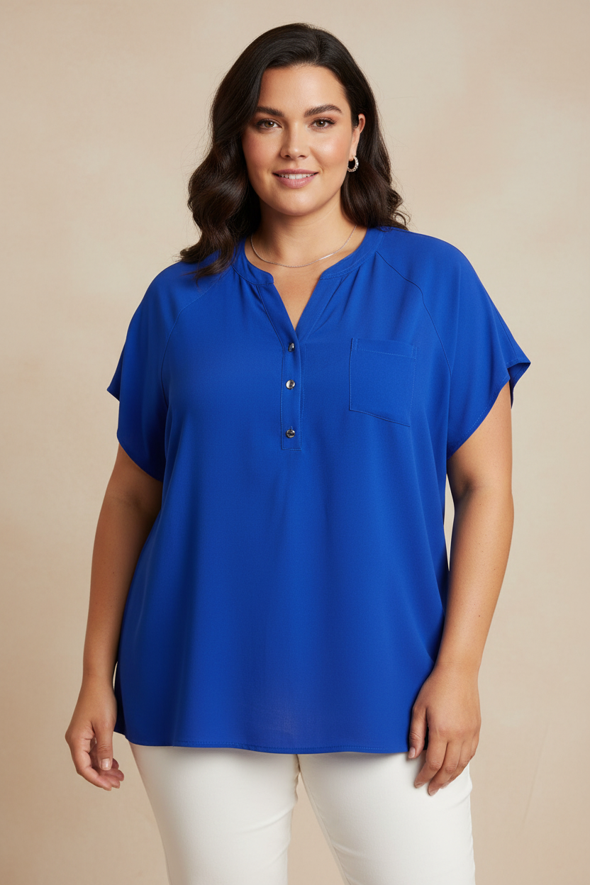 Modelo plus size vestindo blusa azul royal - frente