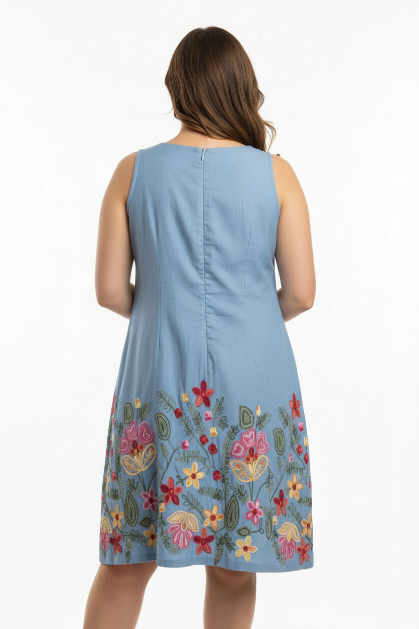 Vestido Azul Bordado Floral