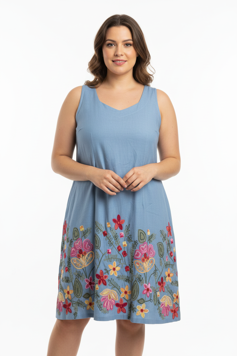 Vestido Azul Bordado Floral