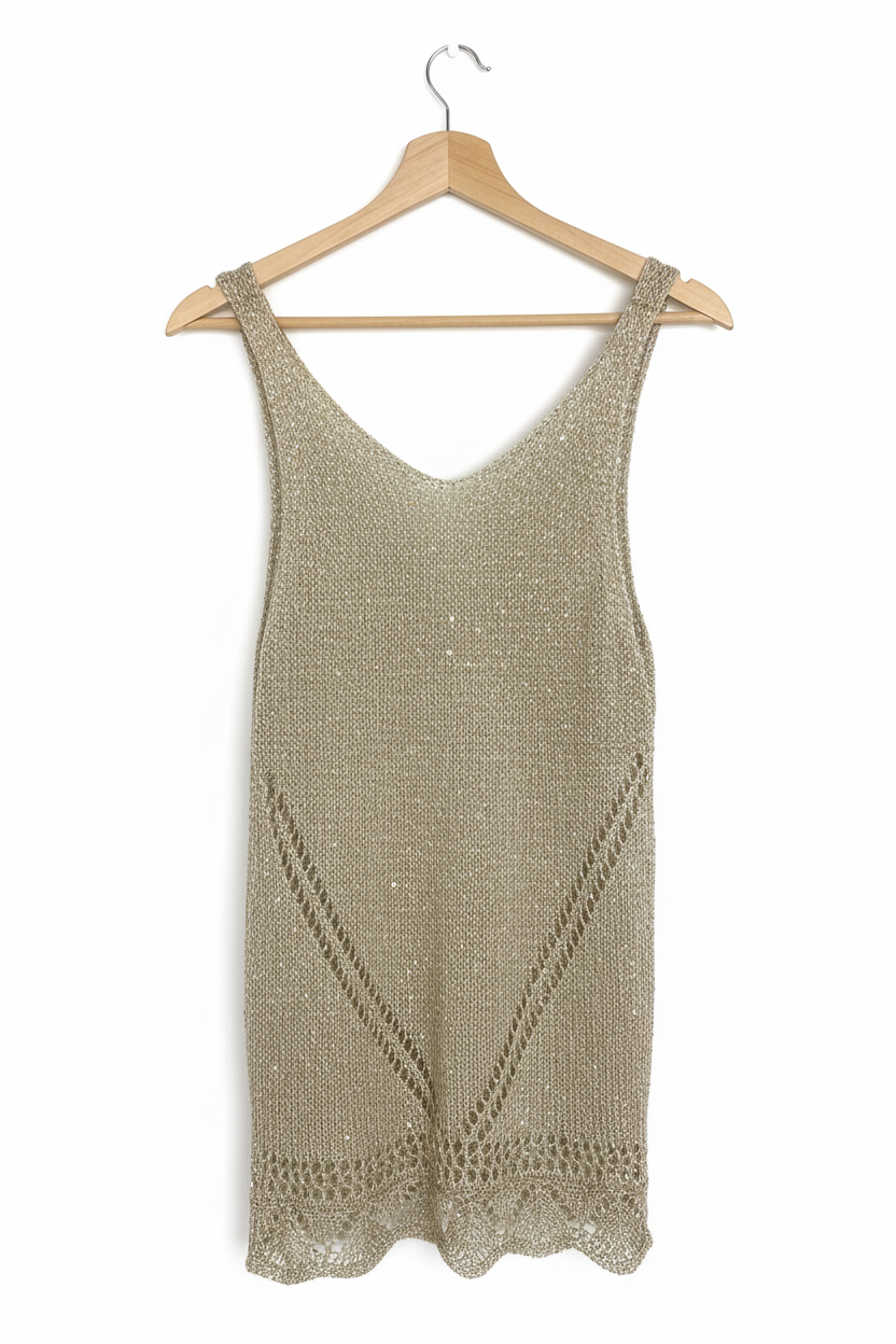 Vestido de Crochê Dourado Brilhante com Efeito Metálico - Ellabelle