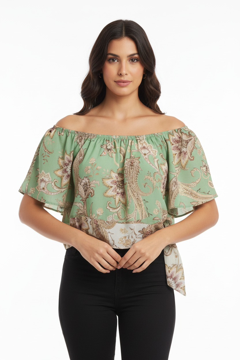 Blusa CROPPED Verde Pavão Ombro a Ombro