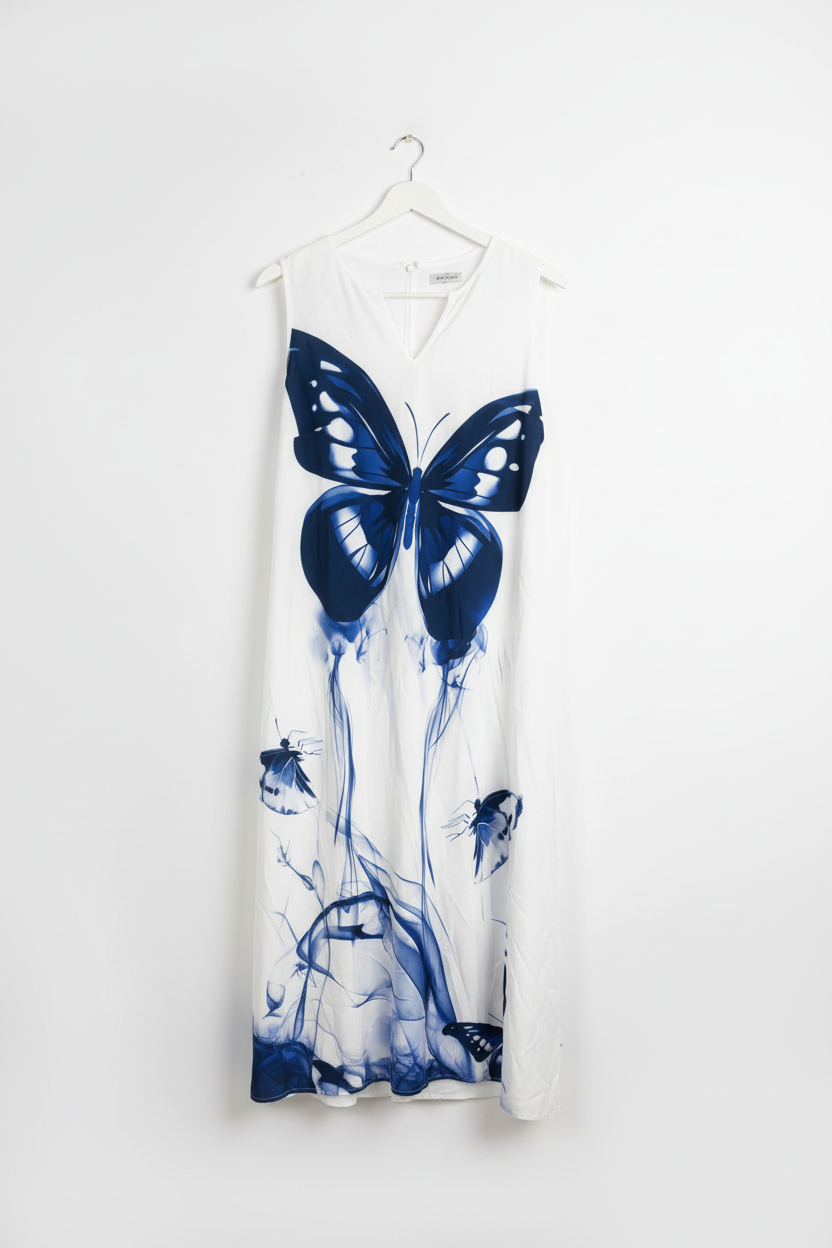 Vestido Branco Borboletas Azuis