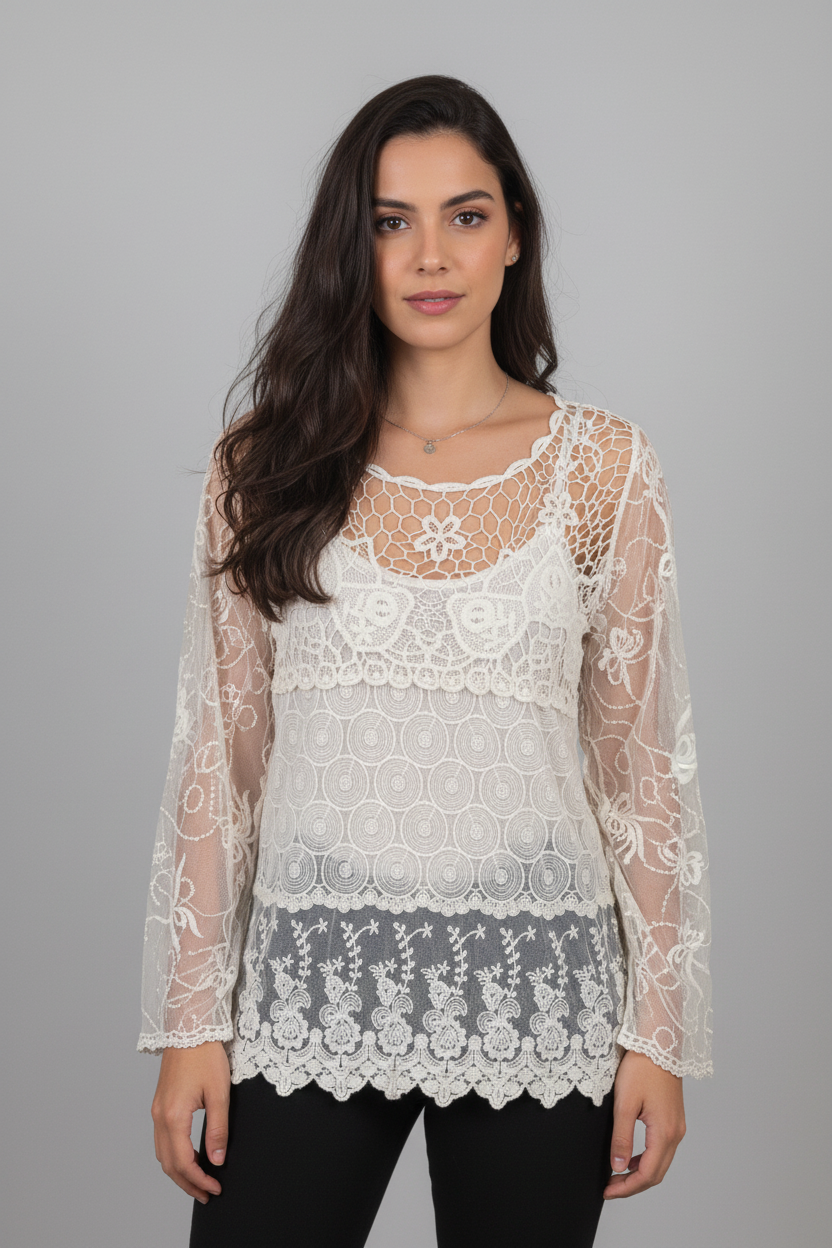 Saída de Renda Branca com Padrões Mistos e Manga Longa - ANANY