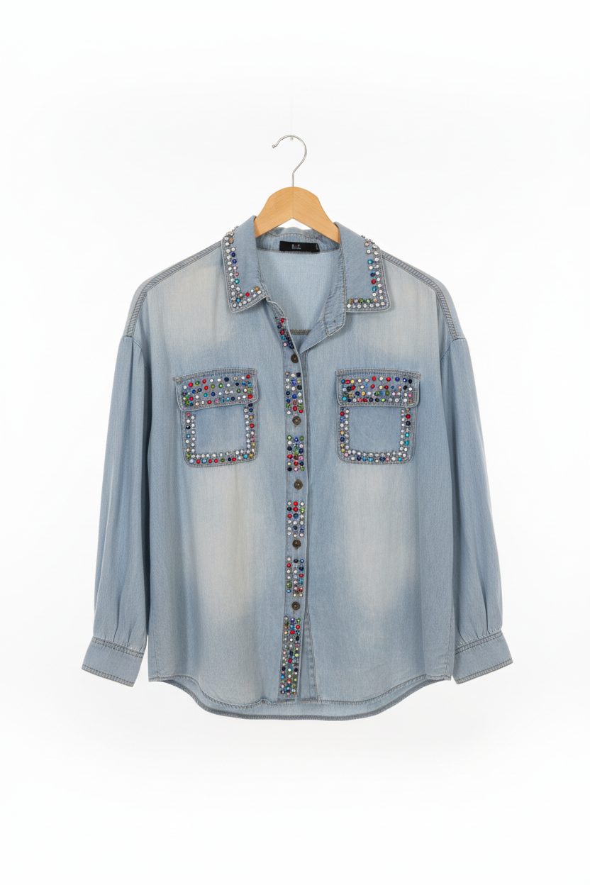Camisa Jeans com Pedrarias Coloridas B&C