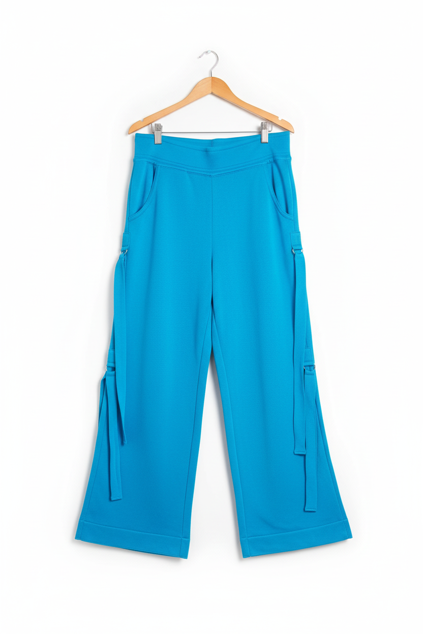 Calça pantalona azul turquesa no cabide - frente