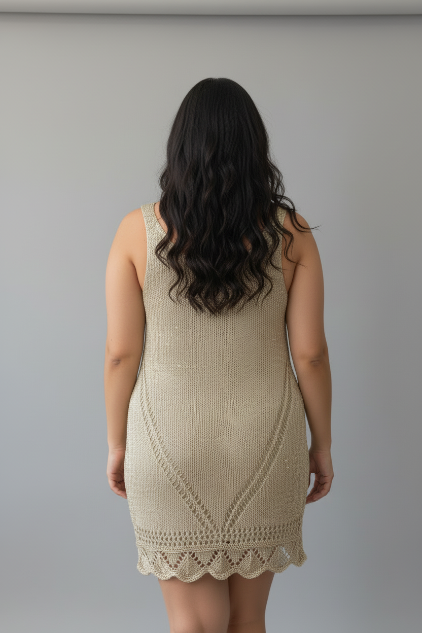 Vestido de Crochê Dourado Brilhante com Efeito Metálico - Ellabelle