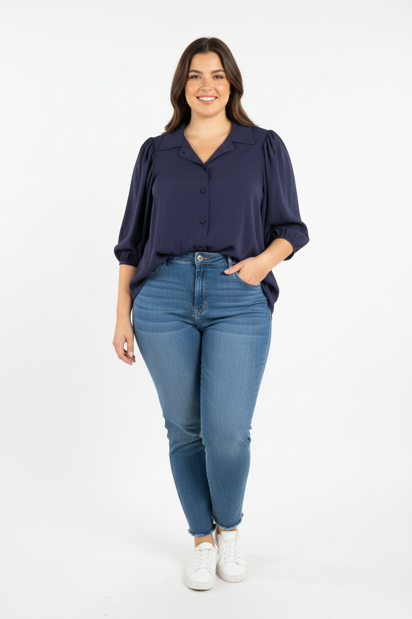 Blusa Azul Marinho Mangas Bufantes