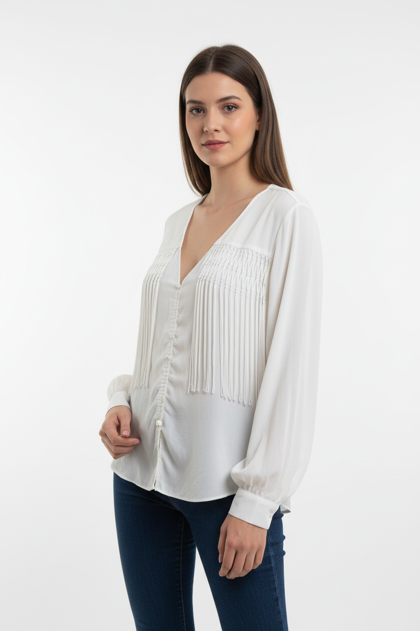 Blusa Branca com Franjas Decorativas - Maria Valentina