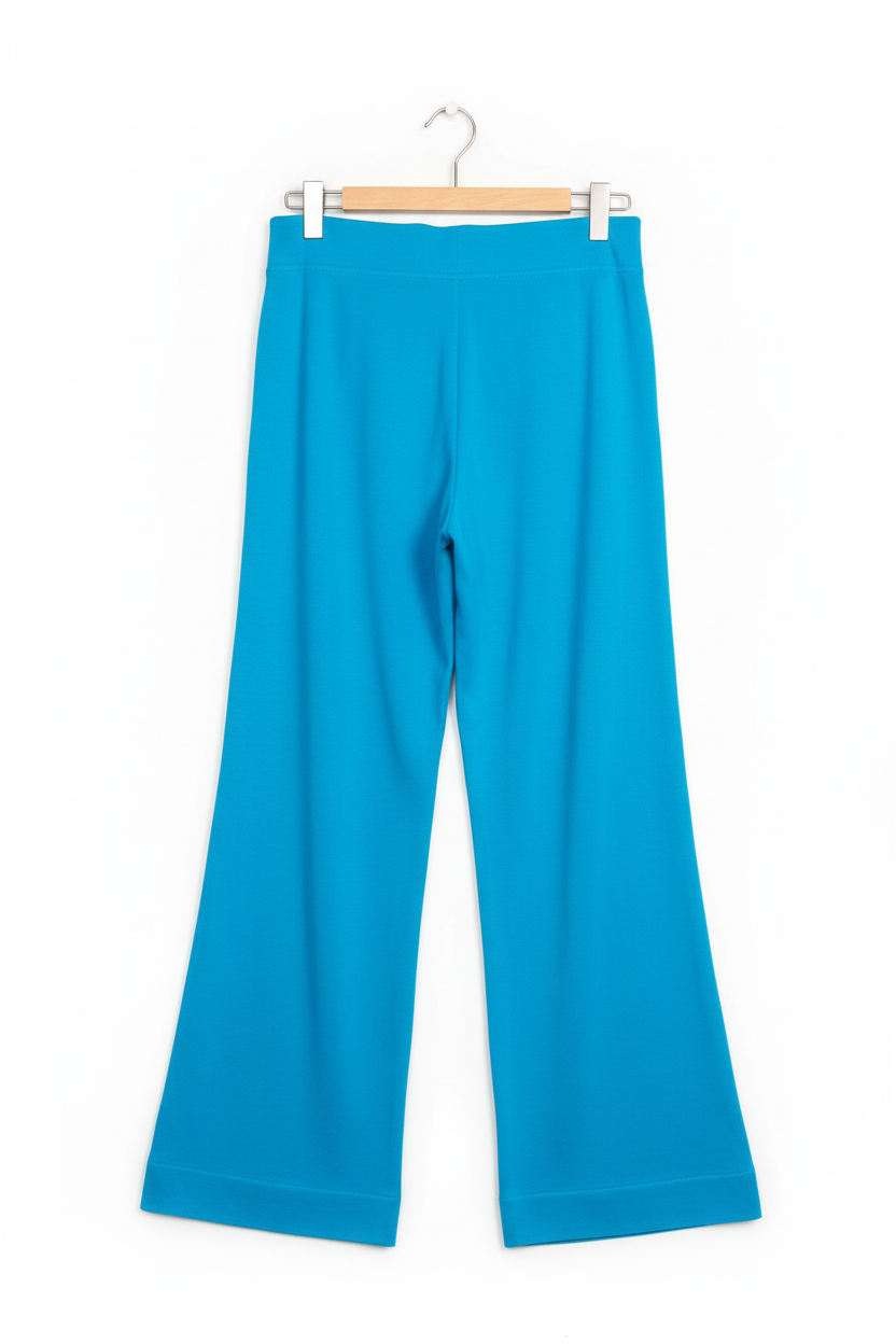 Calça pantalona azul turquesa no cabide - costas