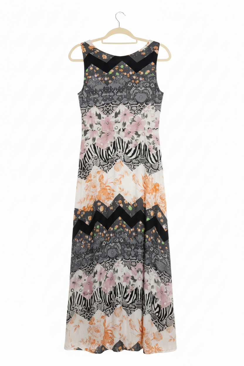 Vestido Longo Estampas Mistas - GRIS