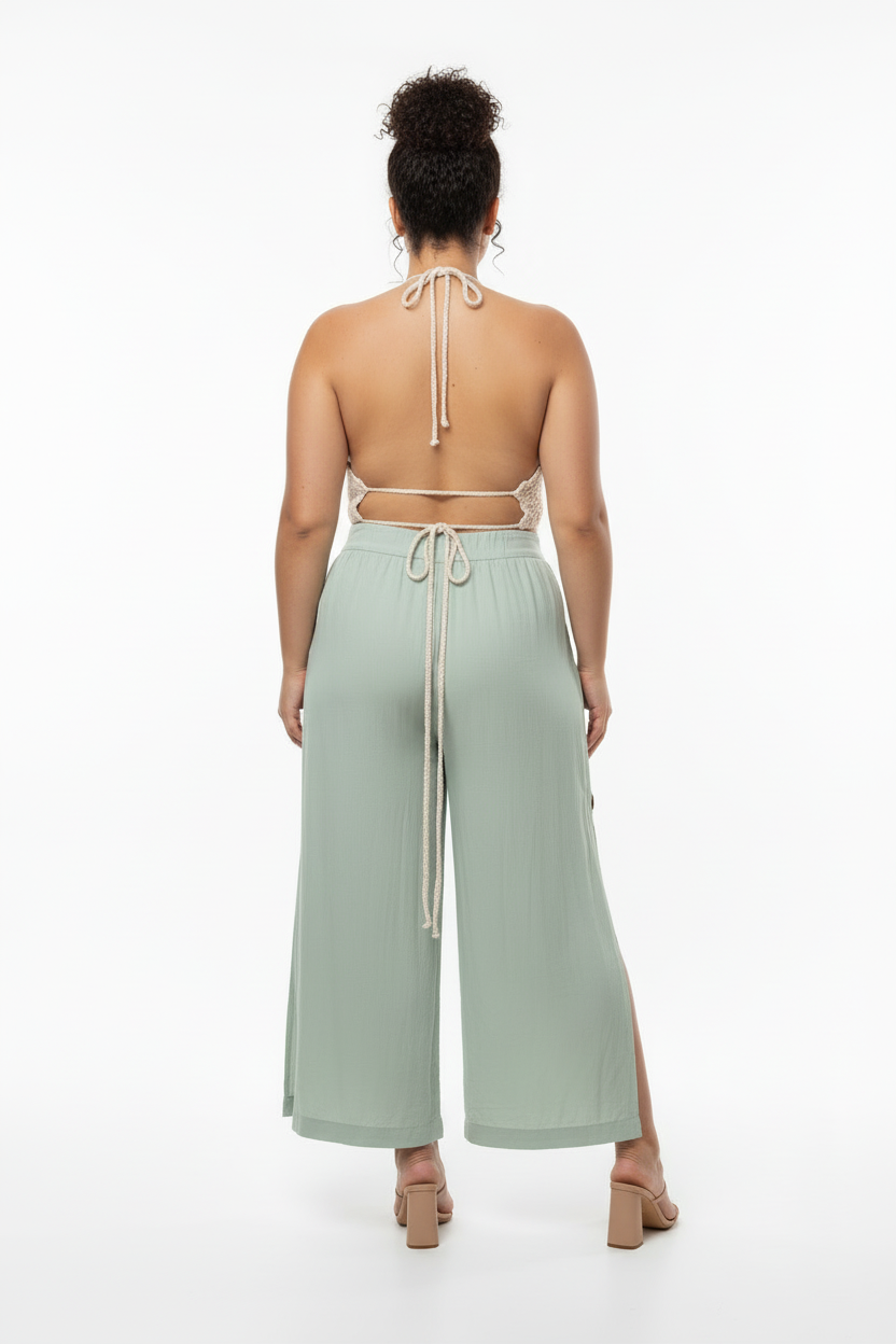 Top Crochê Halter Bege - Tamanho Único