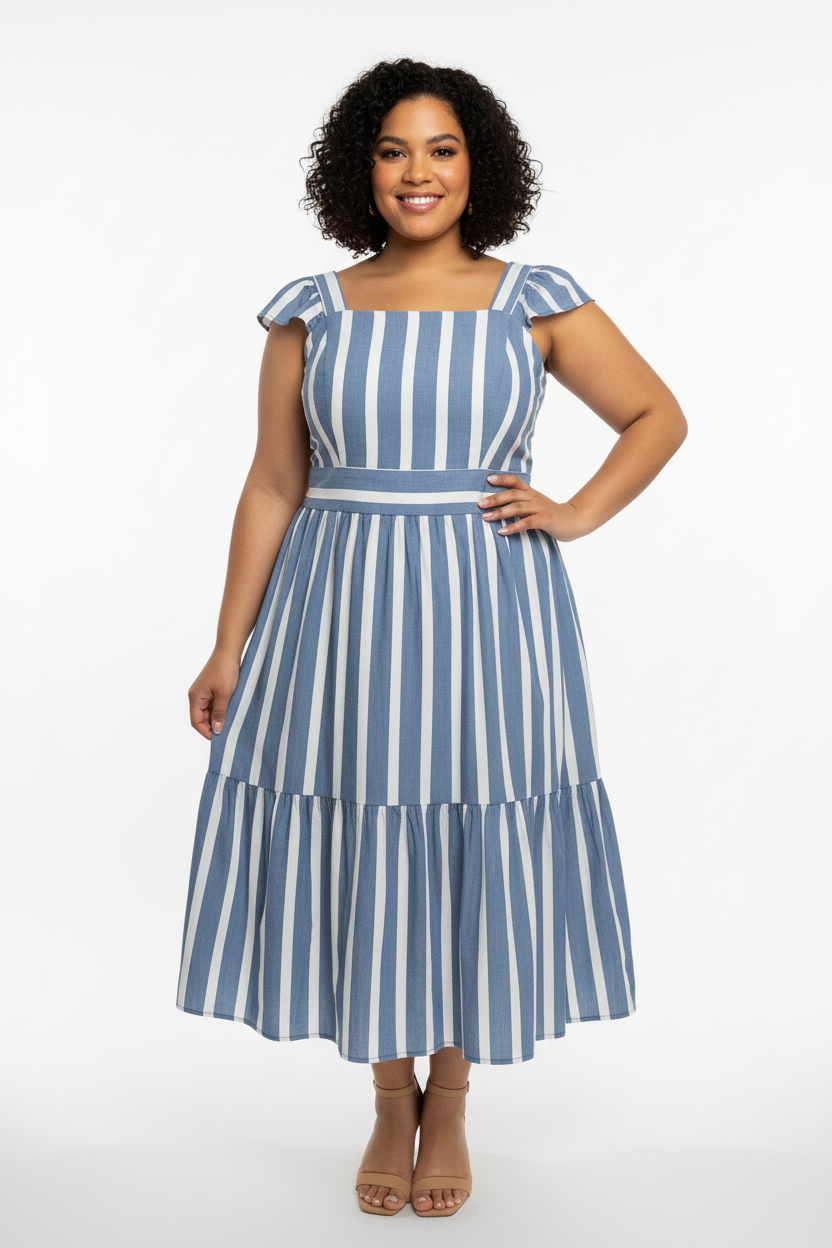 Vestido Listrado Azul e Branco Midi