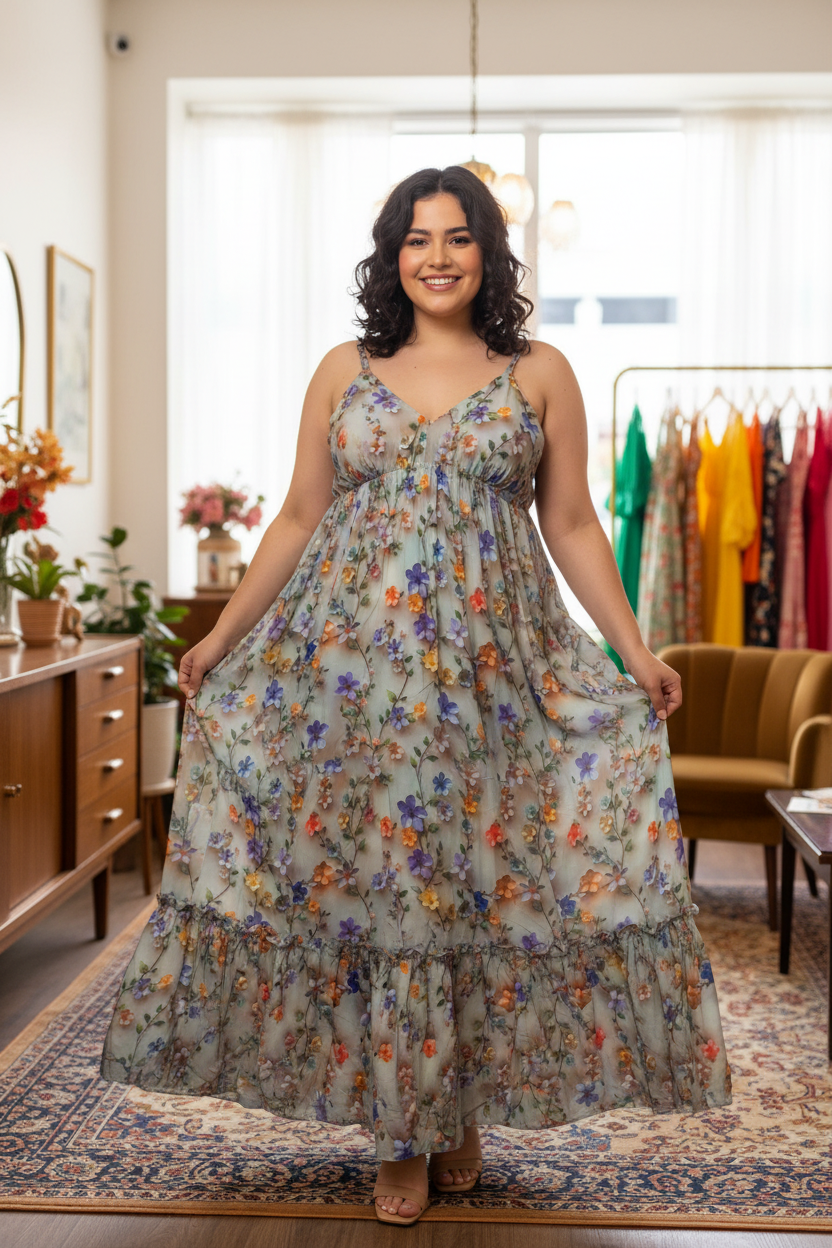 Vestido Longo Floral Azul Pastel