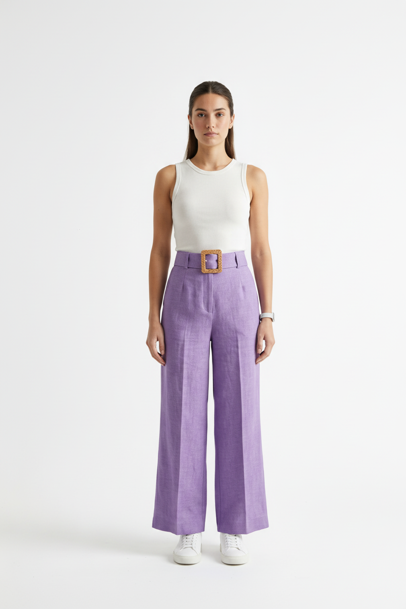 Calça Pantalona Lilás com Cinto e Fivela - Maria Flor