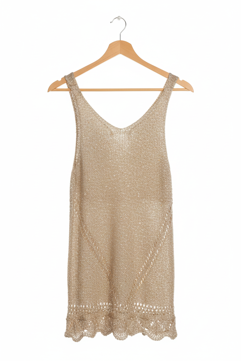 Vestido de Crochê Dourado Brilhante com Efeito Metálico - Ellabelle