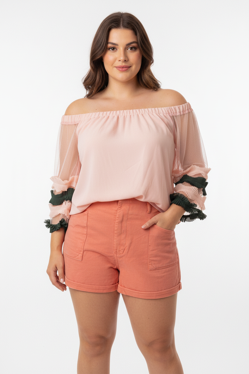 Blusa Ciganinha Rosa com Tule e Babados Plus Size GG