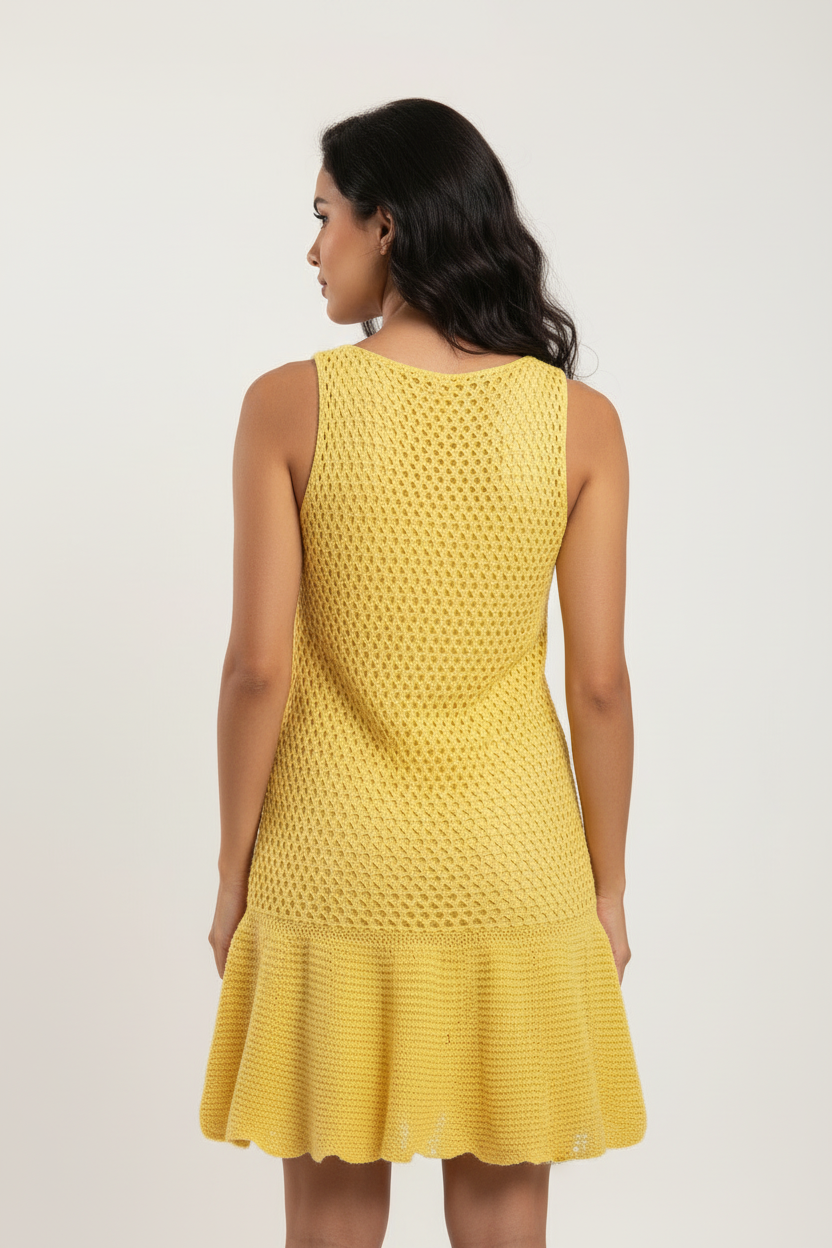 Vestido de Crochê Amarelo Vibrante com Babados
