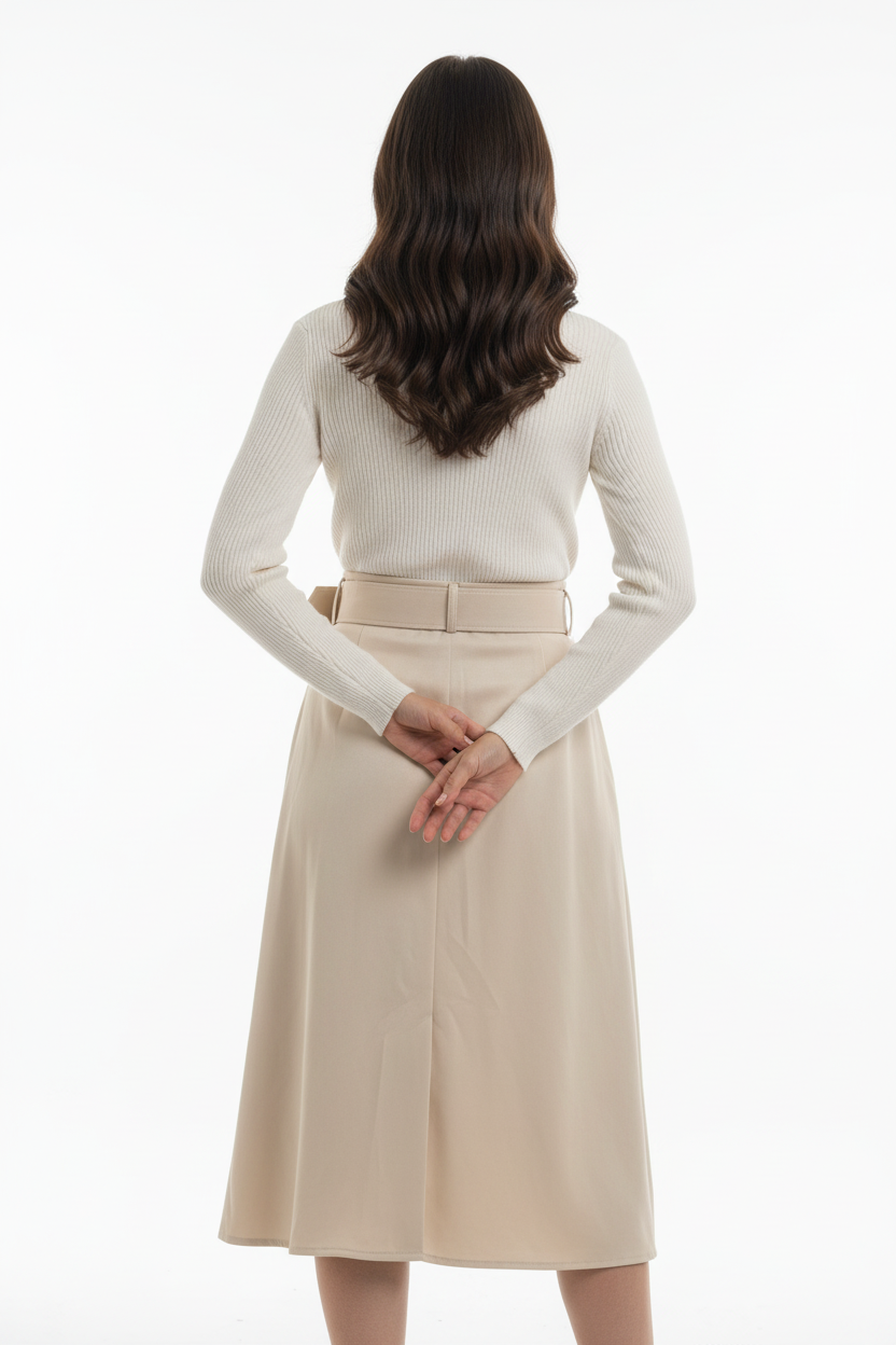 Saia vintage off-white com cinto - costas na modelo