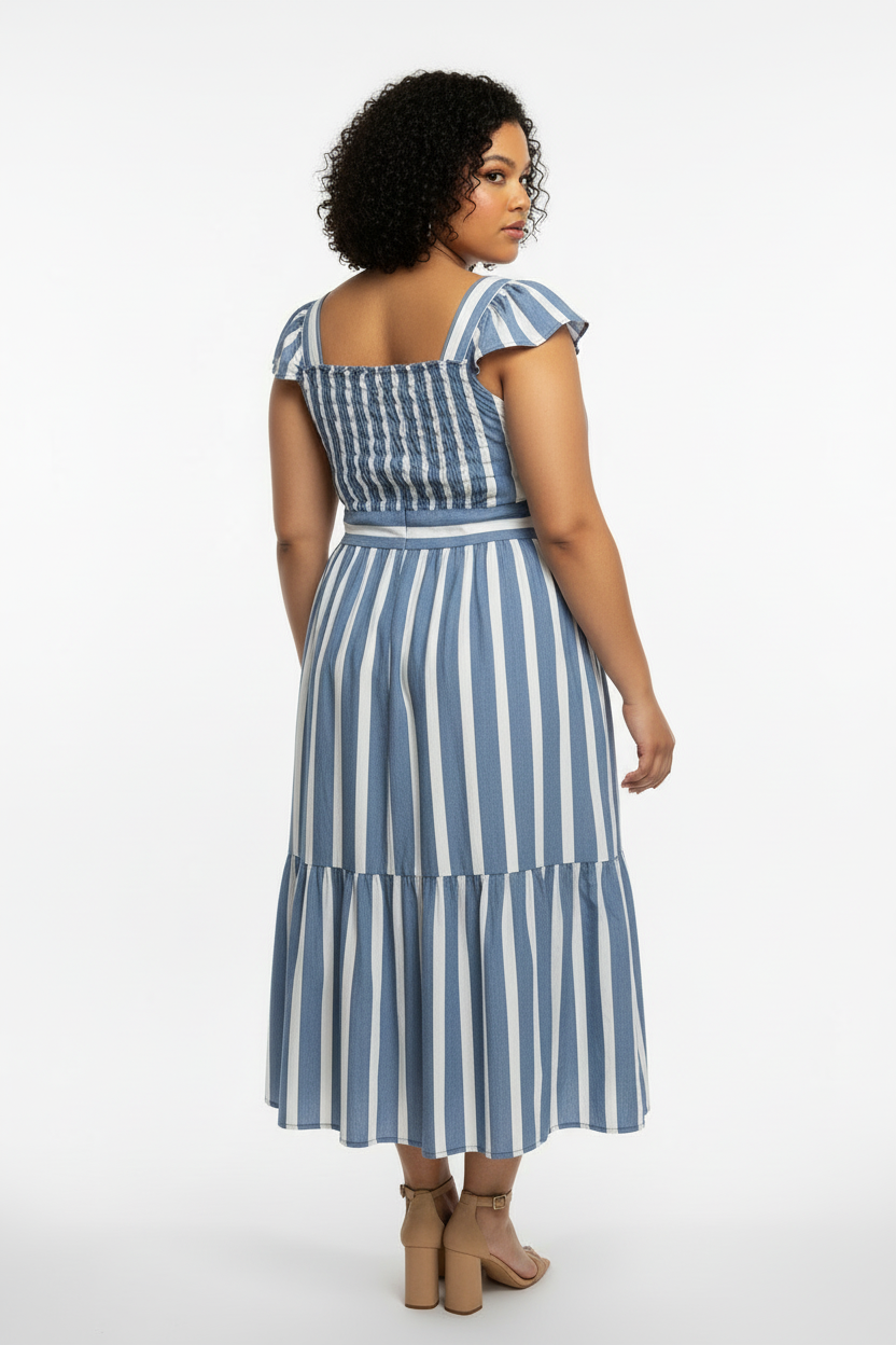 Vestido Listrado Azul e Branco Midi