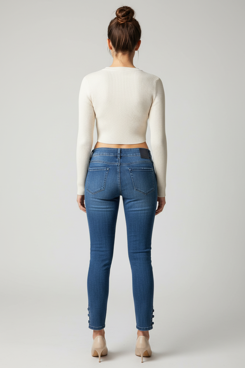 Calça Jeans Skinny Azul Escuro com Detalhe na Barra