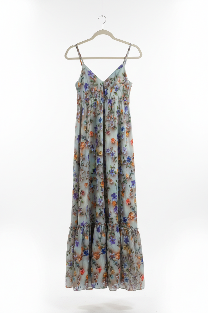 Vestido Longo Floral Azul Pastel