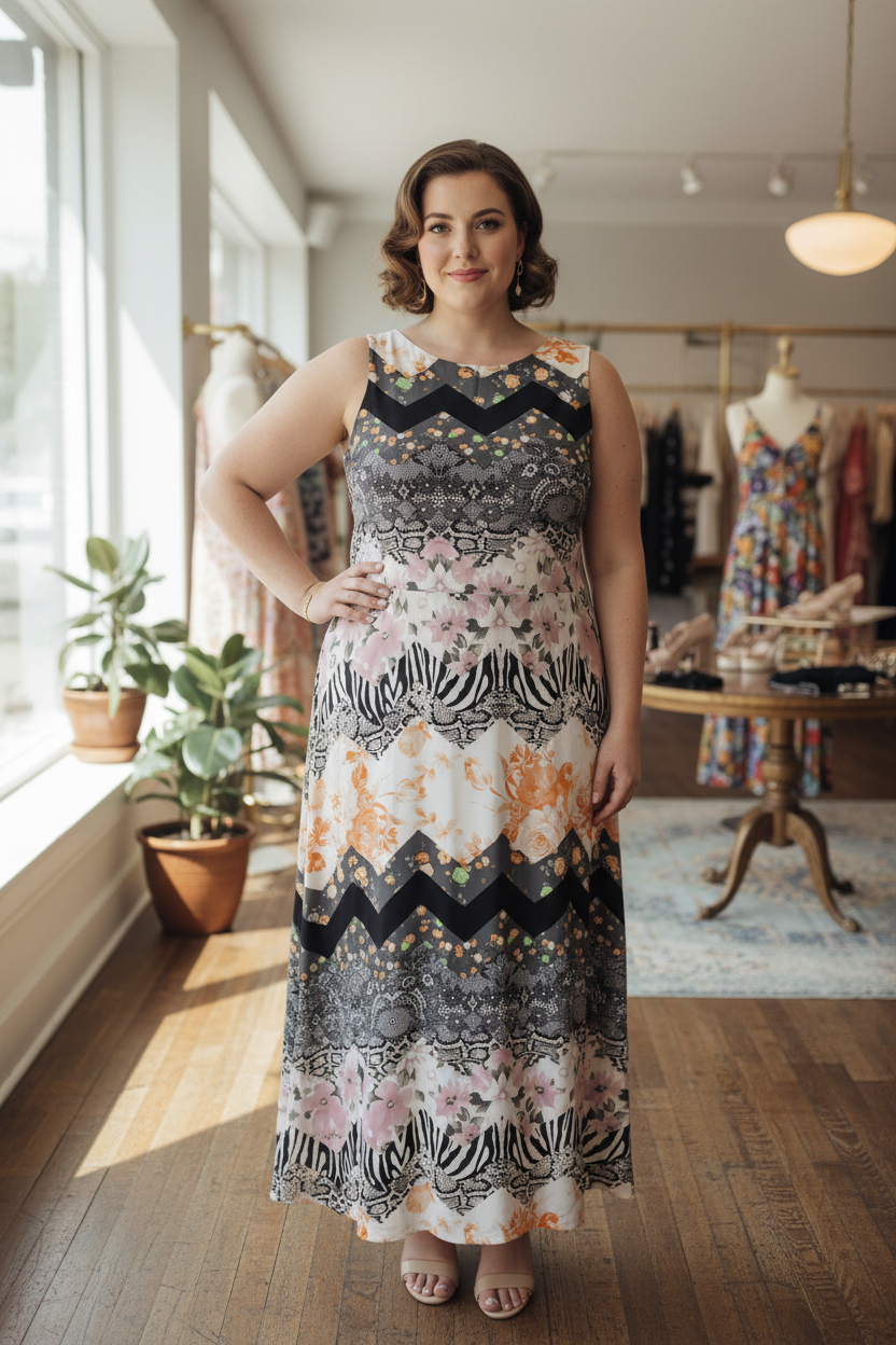 Vestido Longo Estampas Mistas - GRIS