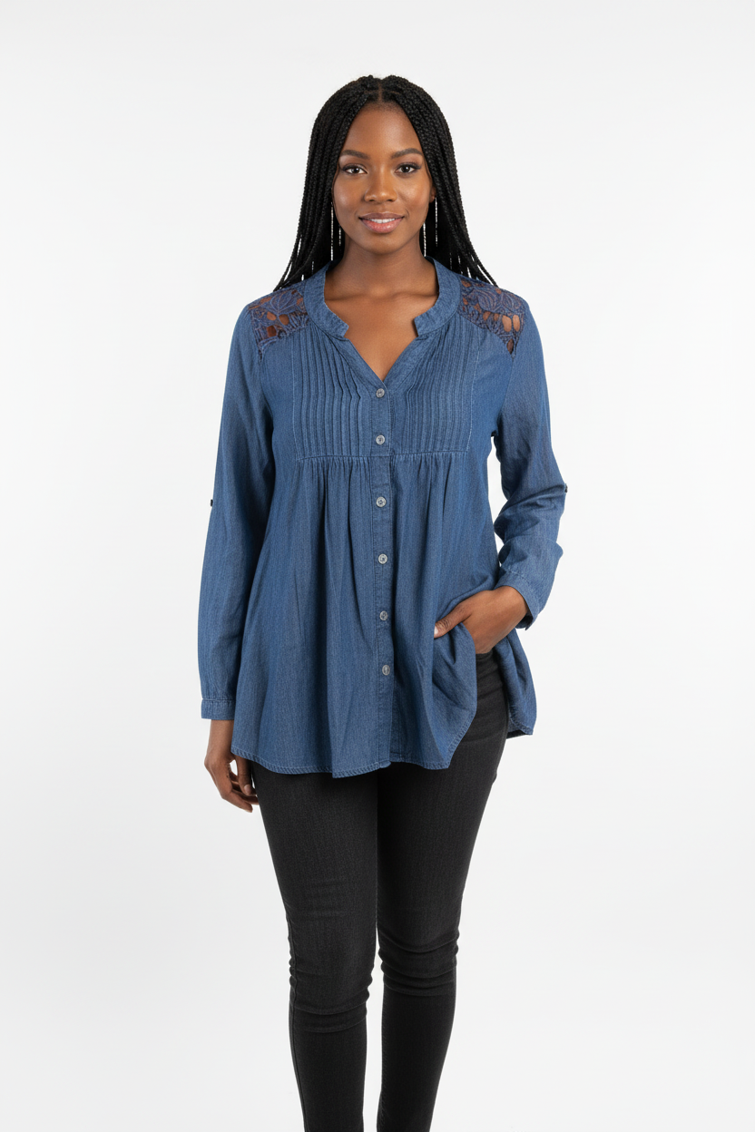 Blusa Jeans com Bordado Floral