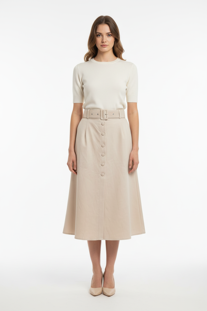 Saia vintage off-white com cinto - frente na modelo