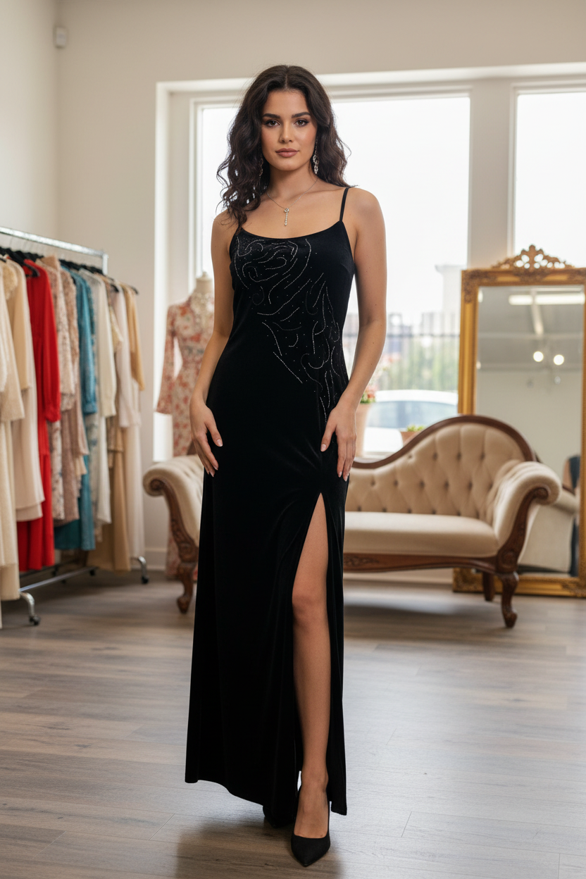 Vestido Veludo Preto com Pedrarias - RUBICON